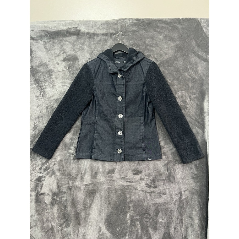 PRANA Women's size Small Charcoal Denim Fleece Sleeve Hooded Toni Jacket Button